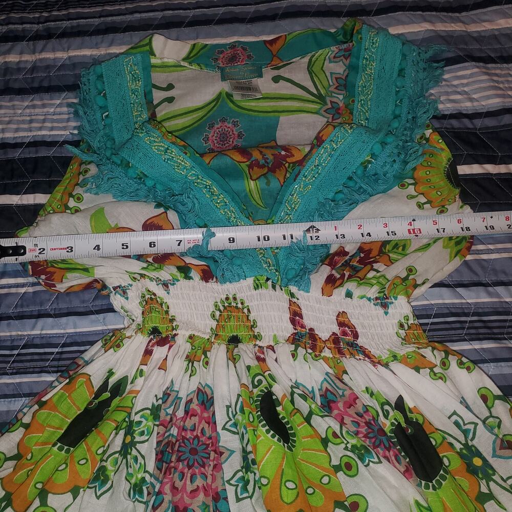 Antica Sartoria Dress 2024 One Size Cotton Boho Positano Aqua Fringe Mini Resort - Picture 10 of 12